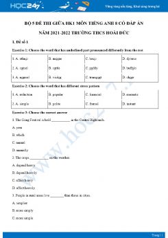 Bộ 5 đề thi giữa HK1 môn Tiếng Anh 8 có đáp án năm 2021-2022 Trường THCS Hoài Đức