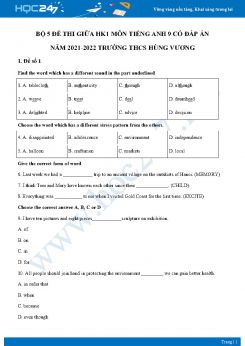 Bộ 5 đề thi giữa HK1 môn Tiếng Anh 9 có đáp án năm 2021-2022 Trường THCS Hùng Vương