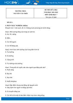 Bộ 4 Đề thi giữa HK1 môn Sinh Học 7 năm 2021 - 2022 Trường THCS Nguyễn Văn Trỗi có đáp án