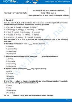 Bộ 5 đề thi giữa HK1 môn Tiếng Anh 10 có đáp án năm 2021-2022 Trường THPT Nguyễn Tuân