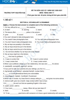 Bộ 5 đề thi giữa HK1 môn Tiếng Anh 11 có đáp án năm 2021-2022 Trường THPT Nguyễn Huệ