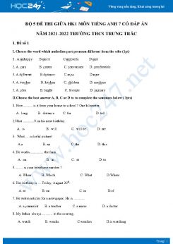 Bộ 5 đề thi giữa HK1 môn Tiếng Anh 7 có đáp án năm 2021-2022 Trường THCS Trưng Trắc