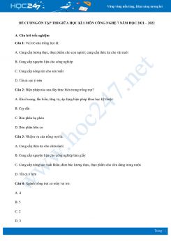 Đề cương ôn tập giữa HK1 môn Công nghệ 7 năm học 2021-2022