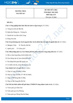 Bộ 4 Đề thi giữa HK1 môn Địa lí 9 năm 2021 Trường THCS Nguyễn Du có đáp án
