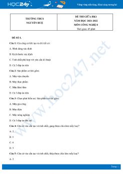 Bộ 4 Đề thi giữa HK1 môn Công nghệ 8 năm 2021 Trường THCS Nguyễn Huệ có đáp án