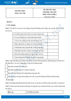 Bộ 4 Đề thi giữa HK1 môn Công nghệ 6 CTST năm 2021 Trường THCS Phan Văn Trị