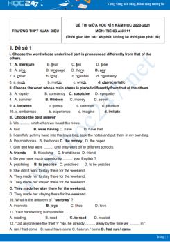 Bộ 4 đề thi giữa HK1 môn Tiếng Anh 11 có đáp án năm 2021-2022 Trường THPT Xuân Diệu