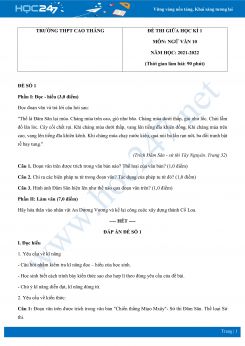 Bộ 4 đề thi giữa HK1 môn Ngữ văn 10 có đáp án năm 2021-2022 Trường THPT Cao Thắng