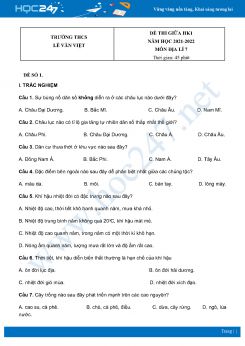Bộ 4 Đề thi giữa HK1 môn Địa Lí 7 năm 2021 - 2022 Trường THCS Lê Văn Việt có đáp án
