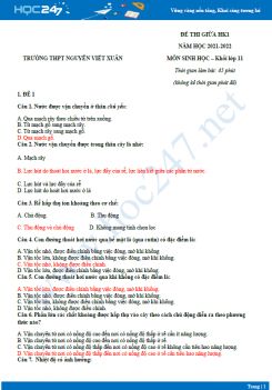 Bộ 3 đề thi giữa HK1 môn Sinh học 11 năm 2021-2022 - Trường THPT Nguyễn Viết Xuân có đáp án