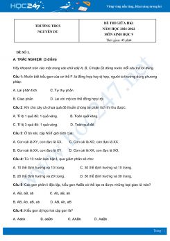 Bộ 4 Đề thi giữa HK1 môn Sinh Học 9 năm 2021 - 2022 Trường THCS Nguyễn Du có đáp án