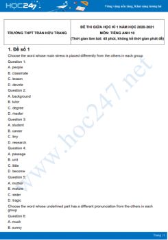 Bộ 4 đề thi giữa HK1 môn Tiếng Anh 10 có đáp án năm 2021-2022 Trường THPT Trần Hữu Trang
