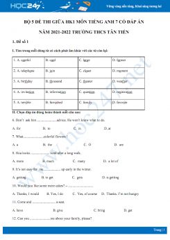 Bộ 5 đề thi giữa HK1 môn Tiếng Anh 7 có đáp án năm 2021-2022 Trường THCS Tân Tiến