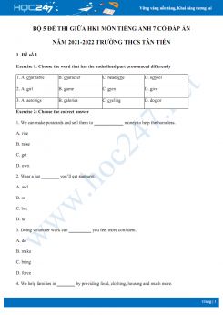 Bộ 5 đề thi giữa HK1 môn Tiếng Anh 7 có đáp án năm 2021-2022 Trường THCS Duy Tiên