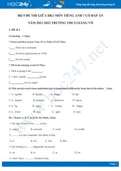 Bộ 5 đề thi giữa HK1 môn Tiếng Anh 7 có đáp án năm 2021-2022 Trường THCS Giảng Võ