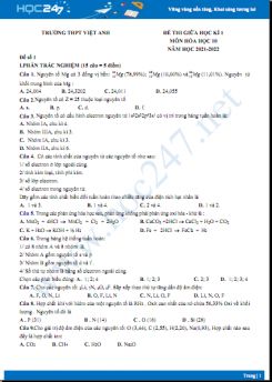 Bộ 4 đề thi giữa HK1 môn Hóa học 10 năm 2021-2022 có đáp án Trường THPT Việt Anh