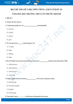 Bộ 5 đề thi giữa HK1 môn Tiếng Anh 9 có đáp án năm 2021-2022 Trường THCS Tân Phước Khánh