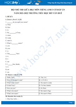 Bộ 5 đề thi giữa HK1 môn Tiếng Anh 3 có đáp án năm 2021-2022 Trường TH Hồ Văn Huê