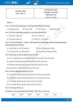 Bộ 4 Đề thi giữa HK1 môn Địa lí 10 năm 2021 - 2022 Trường THPT Chu Văn An