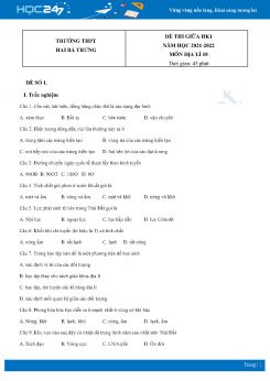 Bộ 4 Đề thi giữa HK1 môn Địa lí 10 năm 2021 - 2022 Trường THPT Hai Bà Trưng