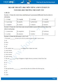 Bộ 4 đề thi giữa HK1 môn Tiếng Anh 9 có đáp án năm 2021-2022 Trường THCS Sơn Tây