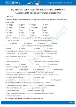 Bộ 4 đề thi giữa HK1 môn Tiếng Anh 9 có đáp án năm 2021-2022 Trường THCS Hồ Thị Hương