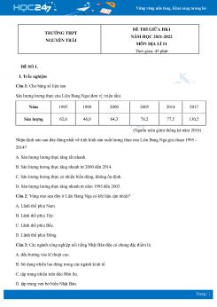 Bộ 4 Đề thi giữa HK1 môn Địa lí 11 năm 2021 - 2022 Trường THPT Nguyễn Trãi