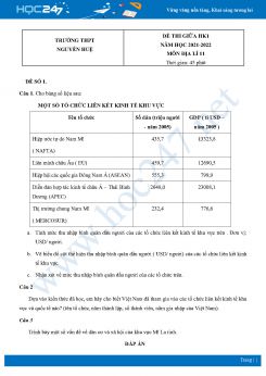 Bộ 4 Đề thi giữa HK1 môn Địa lí 11 năm 2021 - 2022 Trường THPT Nguyễn Huệ