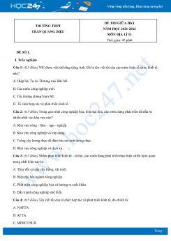 Bộ 4 Đề thi giữa HK1 môn Địa lí 11 năm 2021 - 2022 Trường THPT Trần Quang Diệu