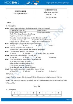 Bộ 4 Đề thi giữa HK1 môn Địa lí 10 năm 2021 - 2022 Trường THPT Trần Quang Diệu