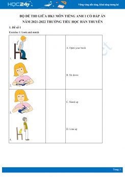 Bộ đề thi giữa HK1 môn Tiếng Anh 1 có đáp án năm 2021-2022 Trường TH Hàn Thuyên