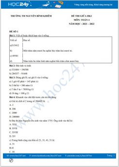 Bộ đề thi giữa HK1 môn Toán 4 có đáp án năm 2021-2022 Trường TH Nguyễn Bỉnh Khiêm