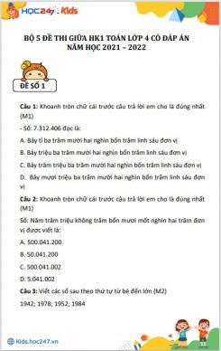 Bộ 5 đề thi giữa HK1 môn Toán 4 có đáp án năm 2021-2022