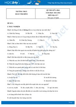 Bộ 3 Đề thi giữa HK1 môn Địa lí 7 năm 2021 Trường THCS Đoàn Thị Điểm có đáp án