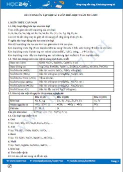 Đề cương ôn tập học kì 1 môn Hóa học 9 năm 2021-2022
