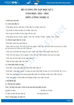 Đề cương ôn tập học kì 1 môn Công nghệ lớp 12 năm 2021 - 2022