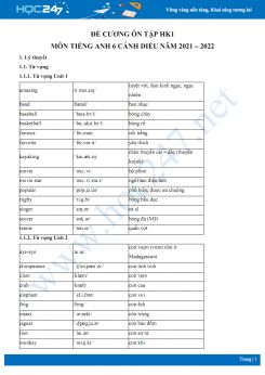 Đề cương ôn tập HK1 môn Tiếng Anh 6 Cánh diều năm 2021-2022