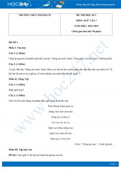 Bộ 4 đề thi HK1 môn Ngữ văn 7 có đáp án năm 2021-2022 Trường THCS Thành Cổ