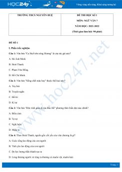 Bộ 5 đề thi HK1 môn Ngữ văn 7 có đáp án năm 2021-2022 Trường THCS Nguyễn Huệ