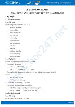 Đề cương ôn tập HK1 môn Tiếng Anh 2 Kết nối tri thức năm 2021-2022