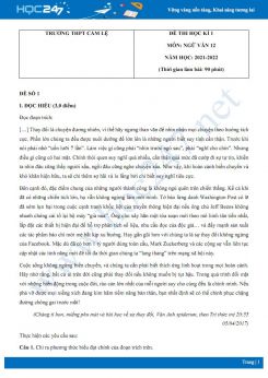 Bộ 5 đề thi HK1 môn Ngữ văn 12 có đáp án năm 2021-2022 Trường THPT Cẩm Lệ