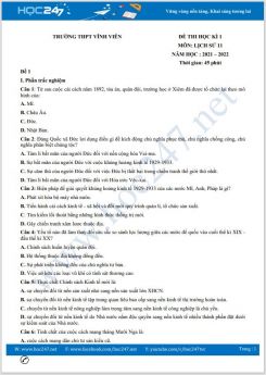 Bộ 4 đề thi HK1 môn Lịch sử 11 có đáp án năm 2021-2022 Trường THPT Vĩnh Viễn