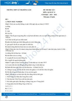 Bộ 5 đề thi HK1 môn Lịch sử 12 có đáp án năm 2021-2022 Trường THPT Lê Thị Hồng Gấm