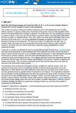 Bộ 5 đề thi HK1 môn Tiếng Anh 12 có đáp án năm 2021-2022 Trường THPT Phúc Lợi