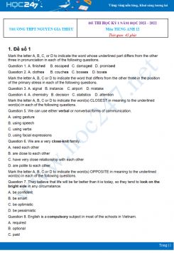 Bộ 5 đề thi HK1 môn Tiếng Anh 12 có đáp án năm 2021-2022 Trường THPT Nguyễn Gia Thiều