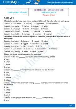Bộ 5 đề thi HK1 môn Tiếng Anh 10 có đáp án năm 2021-2022 Trường THPT Đông Mỹ