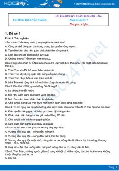 Bộ 4 đề thi HK1 môn Lịch Sử 7 có đáp án năm 2021-2022 Trường THCS Yên Nghĩa