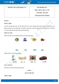 Bộ 3 đề thi HK1 môn Tiếng Việt 1 CTST có đáp án năm 2021-2022 Trường TH Lương Định Của