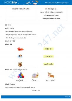Bộ 3 đề thi HK1 môn Tiếng Việt 1 CD có đáp án năm 2021-2022 Trường TH Phan Kính