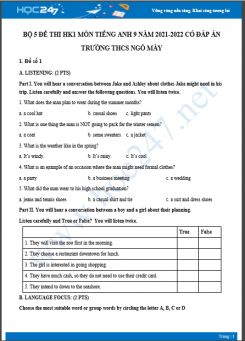 Bộ 5 đề thi HK1 môn Tiếng Anh 9 năm 2021-2022 có đáp án Trường THCS Ngô Mây